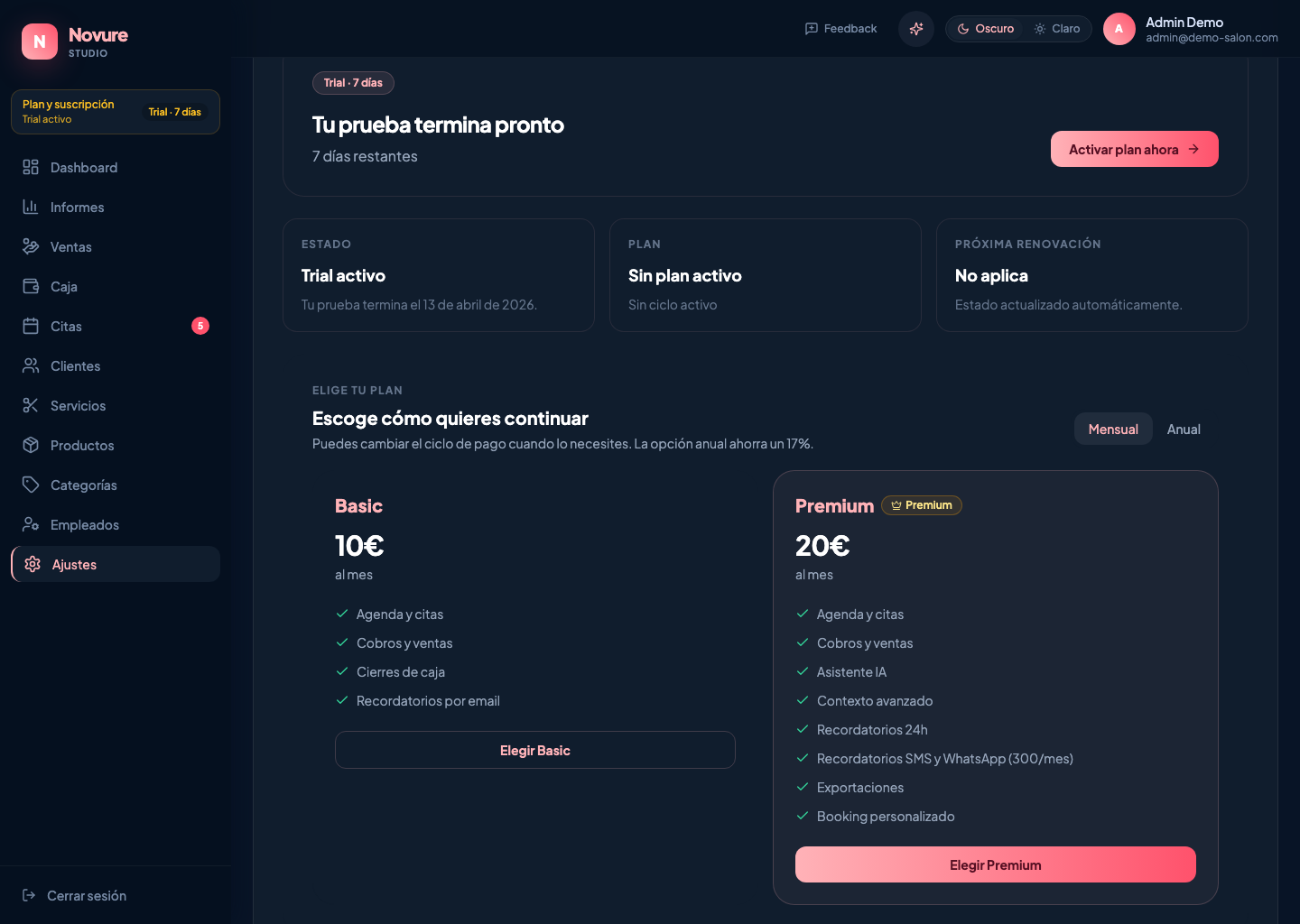 Planes de Novure dentro del panel de configuración